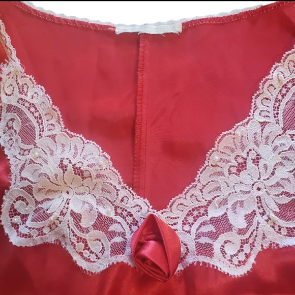 Vintage Red Satin Slip Dress Nightie Lace Rosette Beads Romantic Dark Coquette - Picture 5 of 12